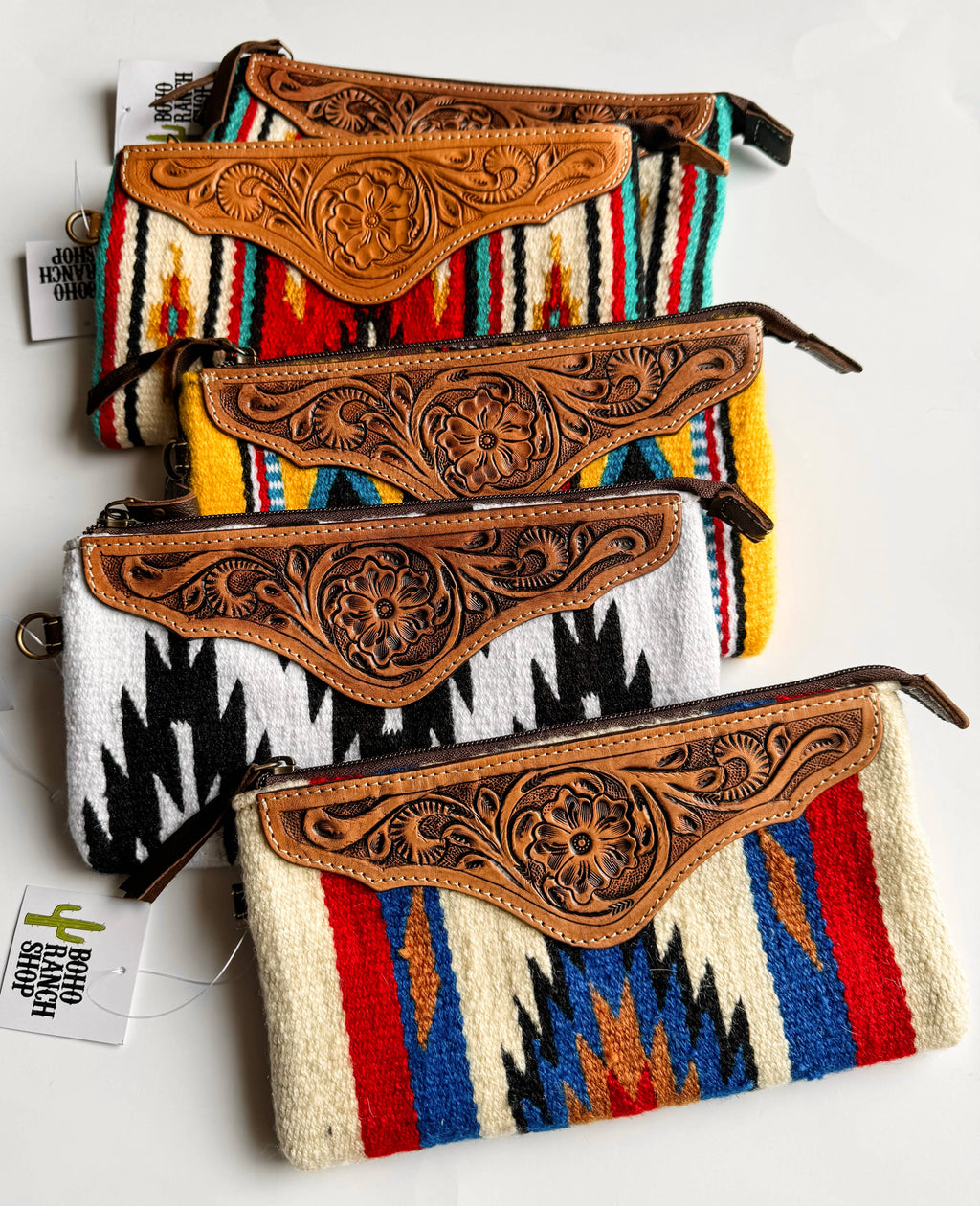 Western Aztec Fabric Tooled Leather Wristlet Purse Bag