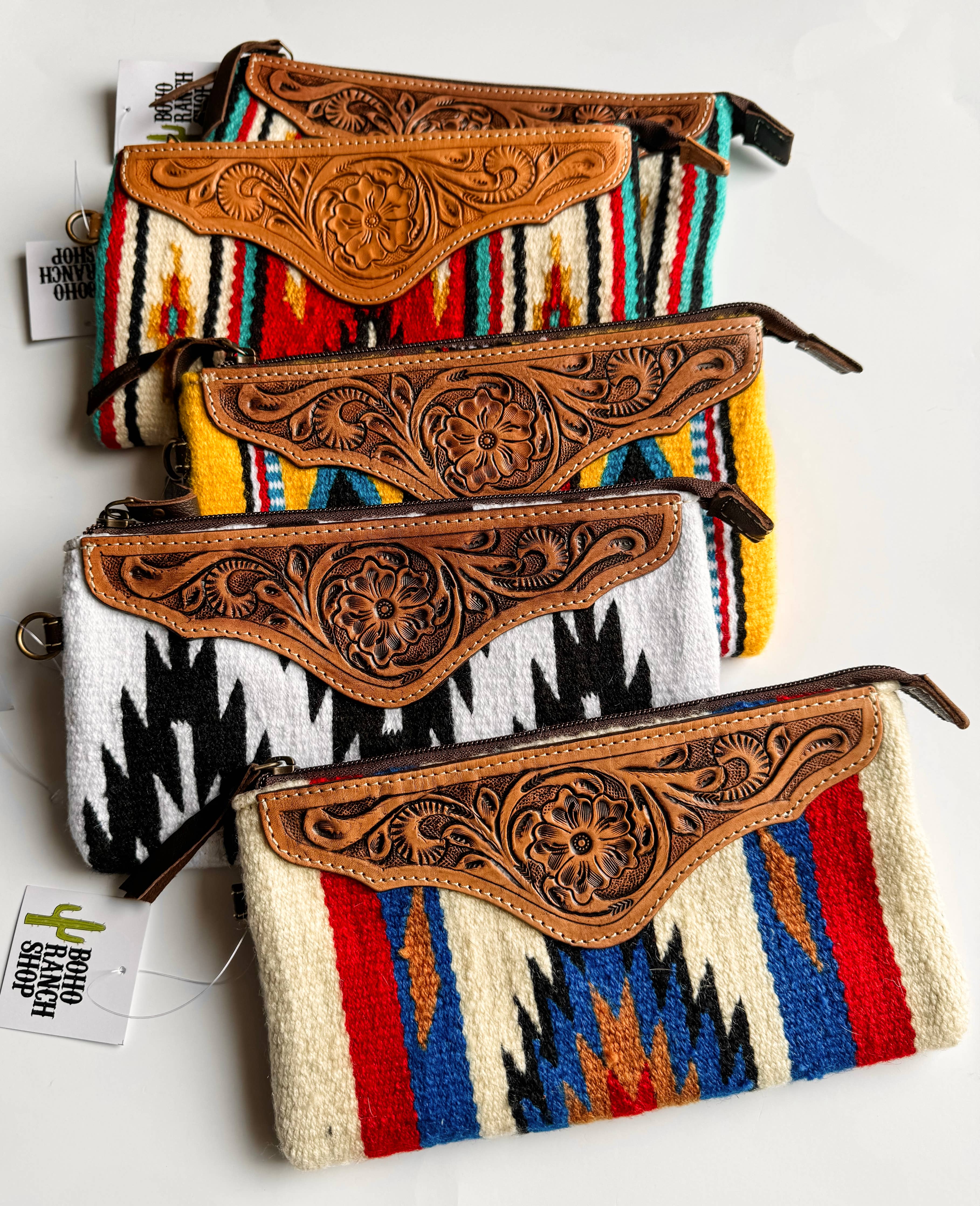 Western Aztec Fabric Tooled Leather Wristlet Purse Bag