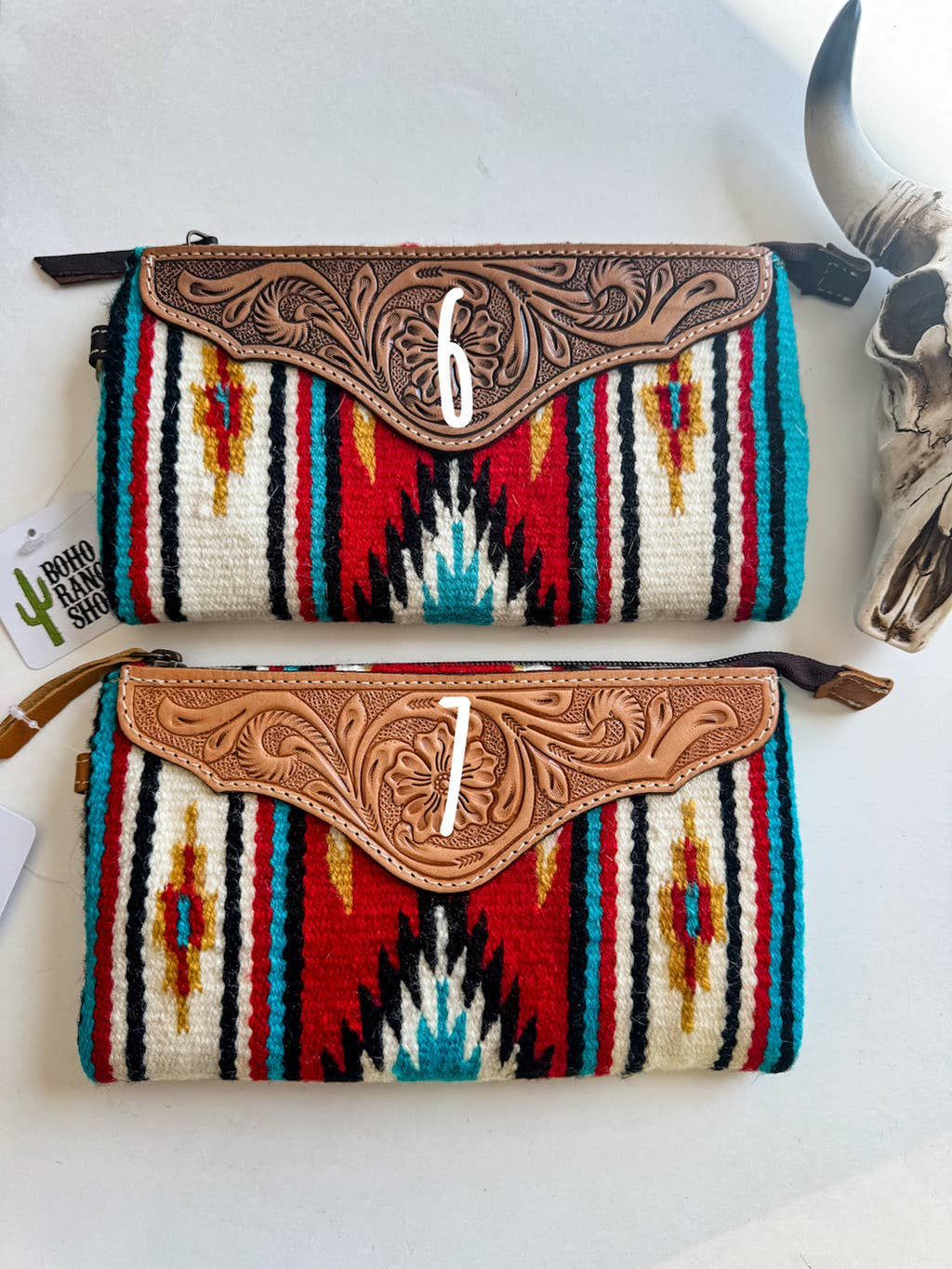 Western Aztec Fabric Tooled Leather Wristlet Purse Bag