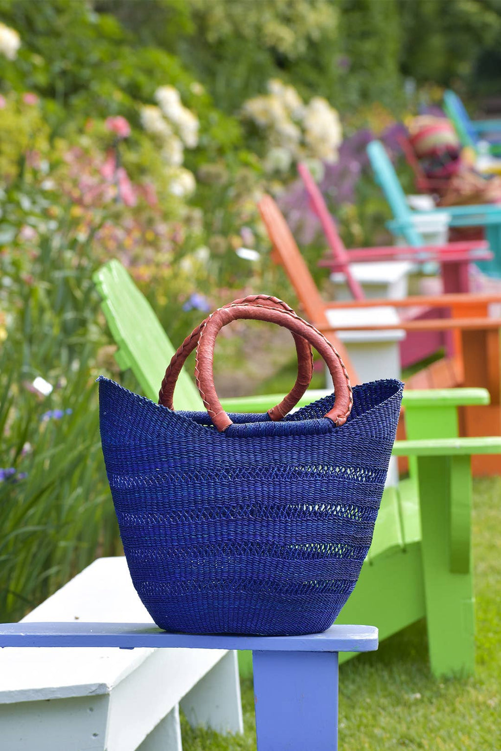 Navy Blue Ghanaian Lacework Wing Shopper with Leather Handle