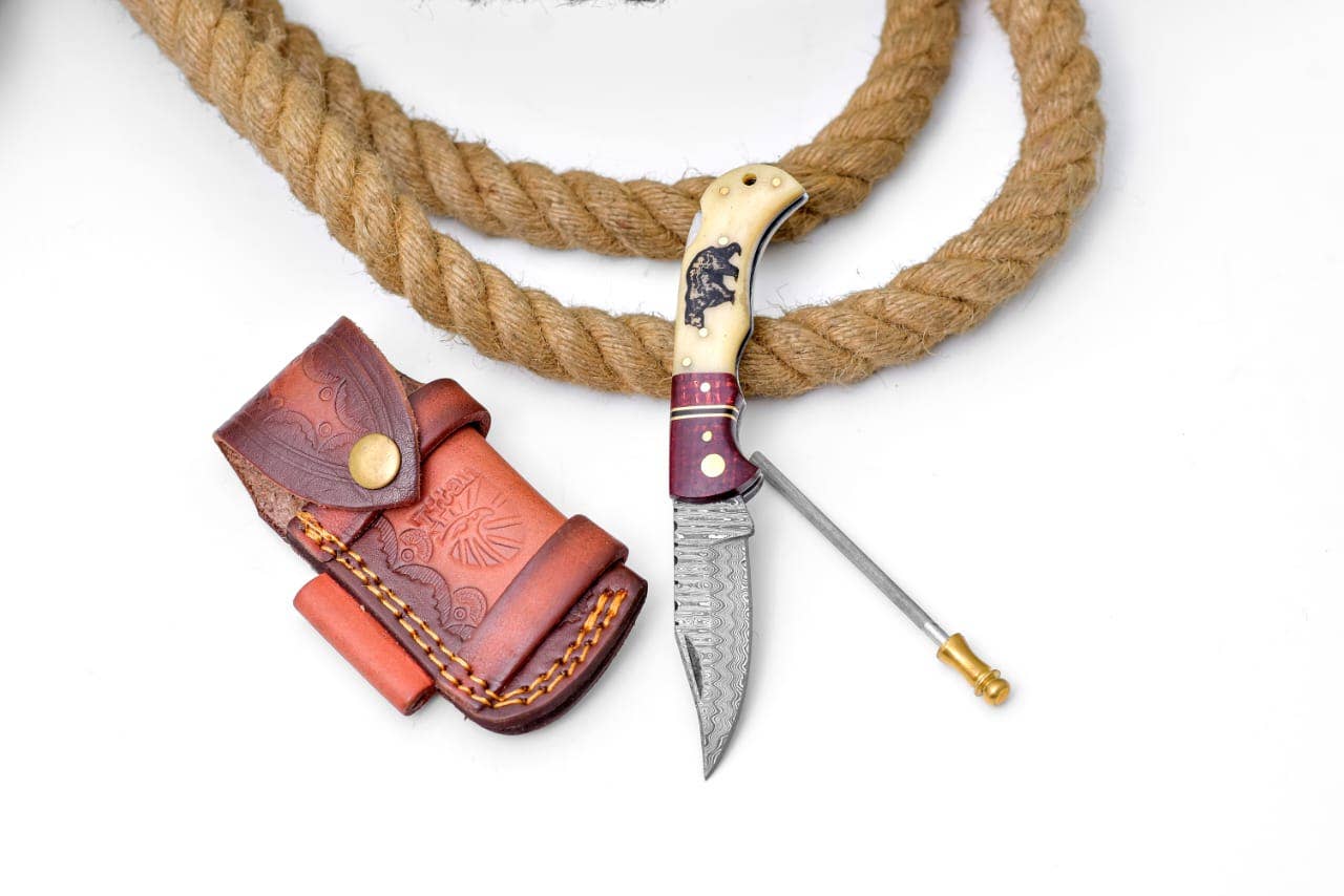 Bear Engraved Damascus Folding Knife with Leather Sheath