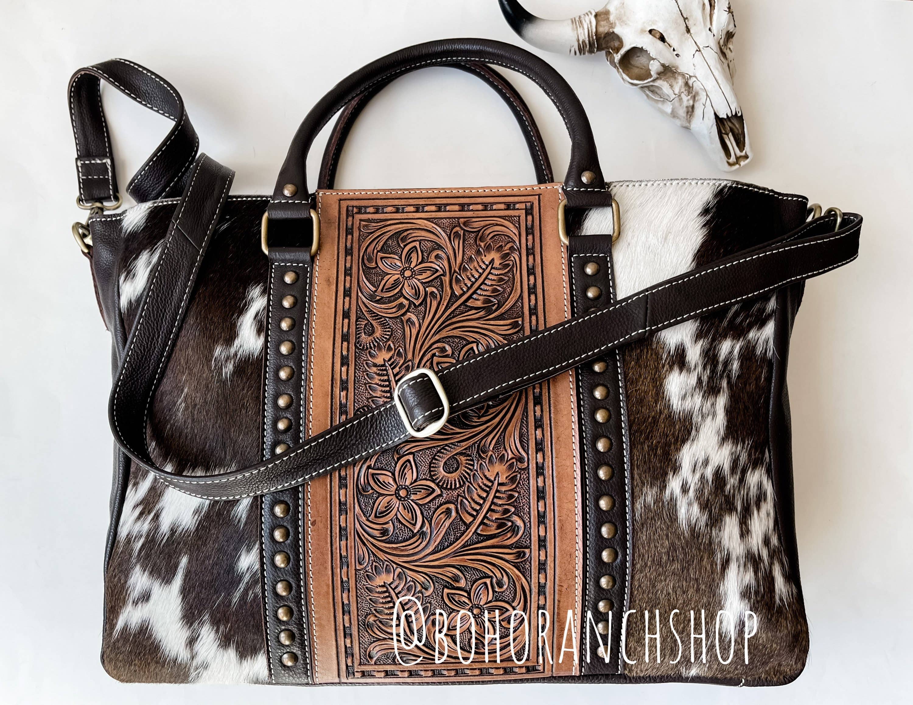 Hand Tooled Leather Cowhide Western Purse Tote Work Bag