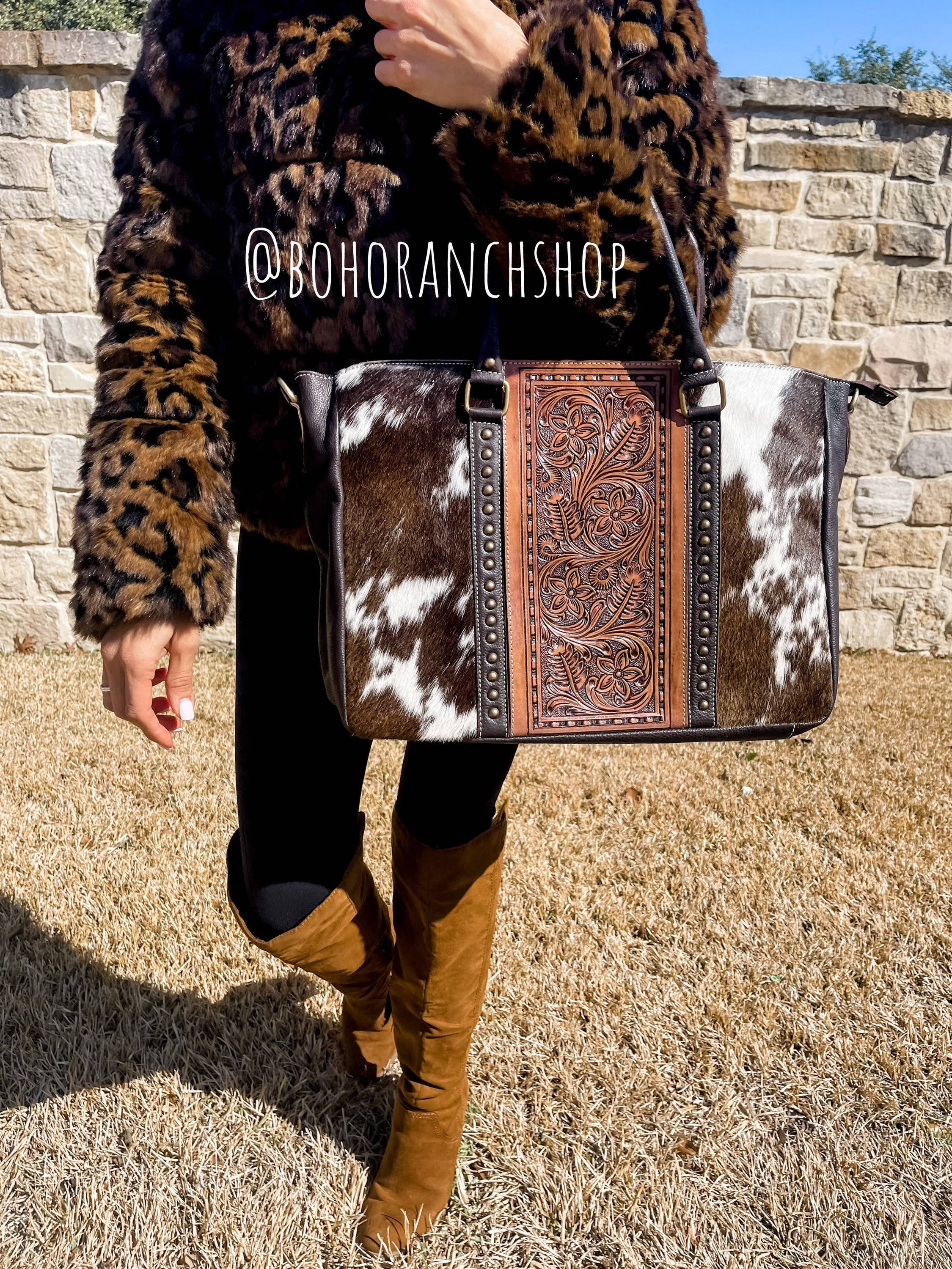 Hand Tooled Leather Cowhide Western Purse Tote Work Bag