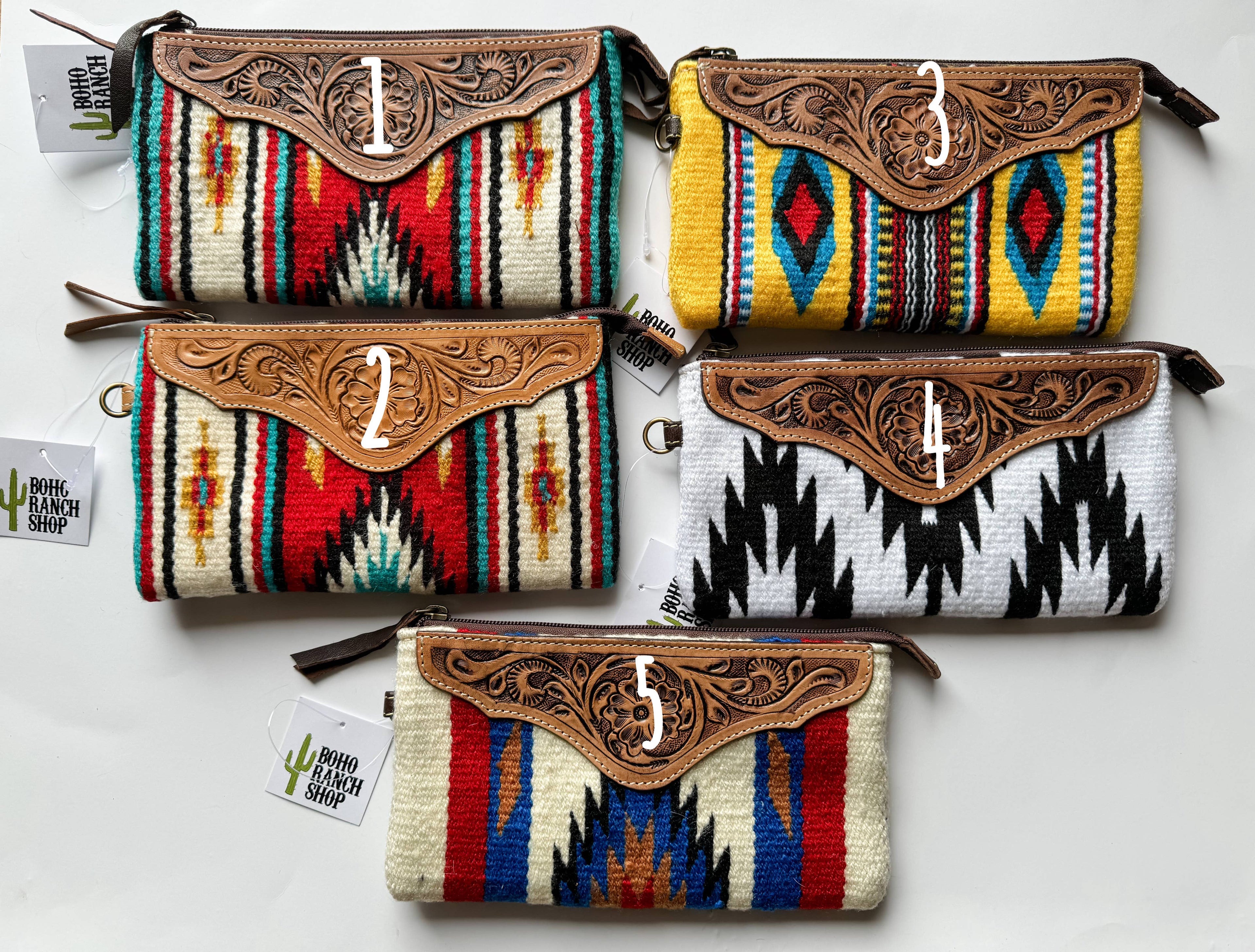 Western Aztec Fabric Tooled Leather Wristlet Purse Bag