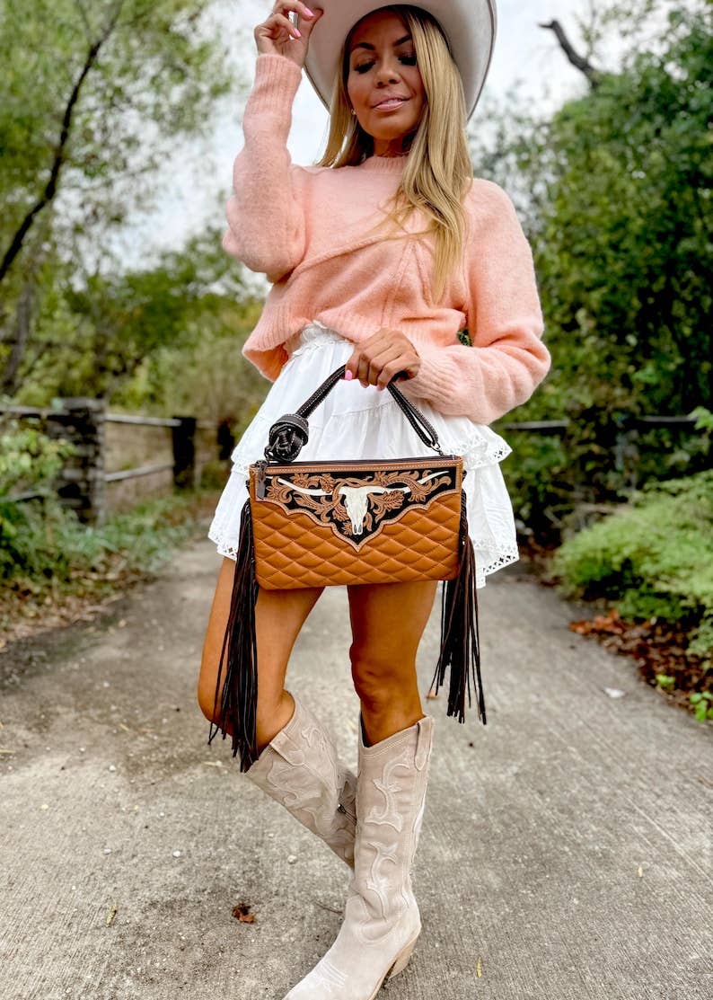LAINEY CROSSBODY steer longhorn -quilted leather purse bag