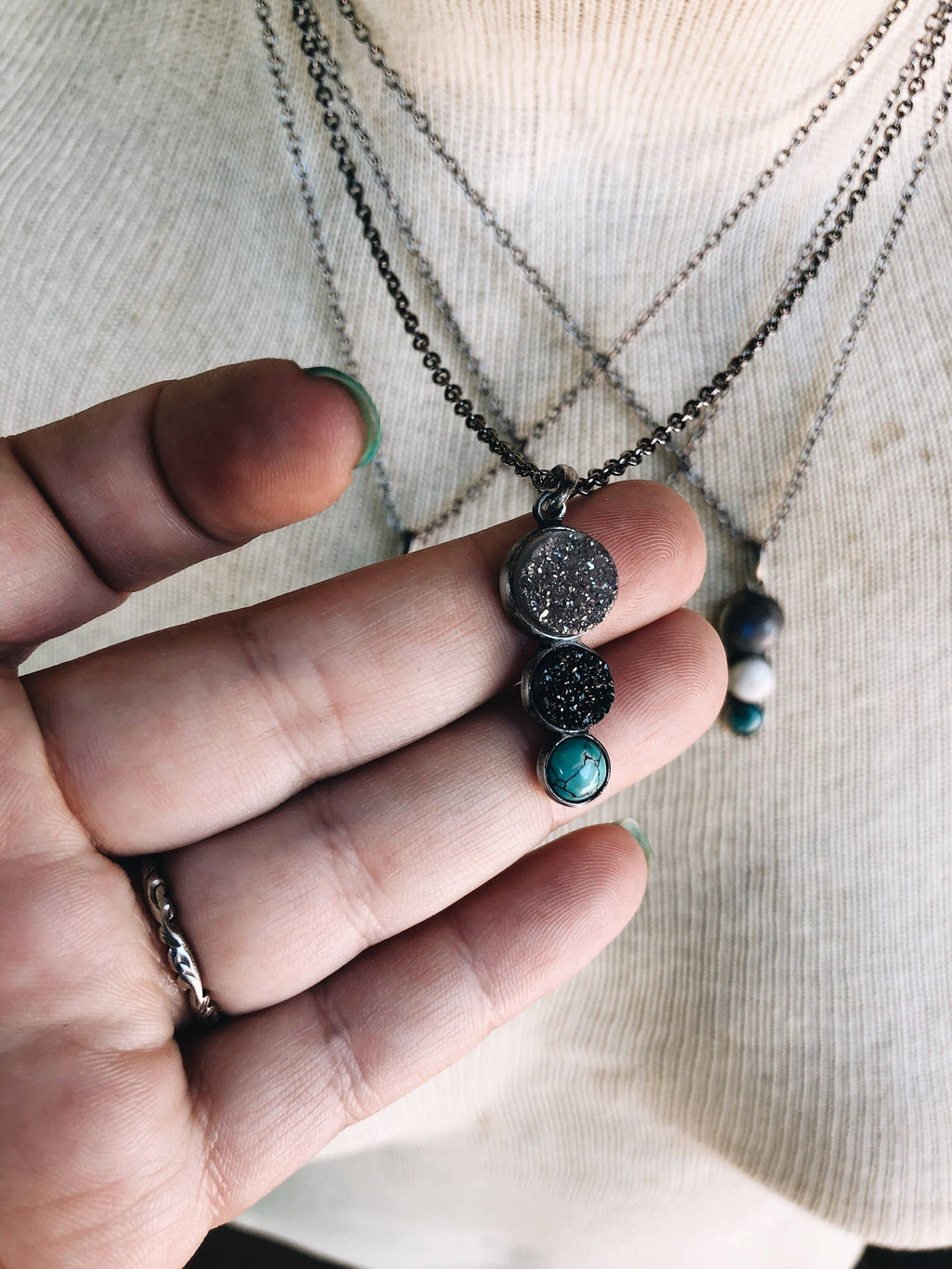 Turquoise Labradorite Crystal Silver Pendant Necklace