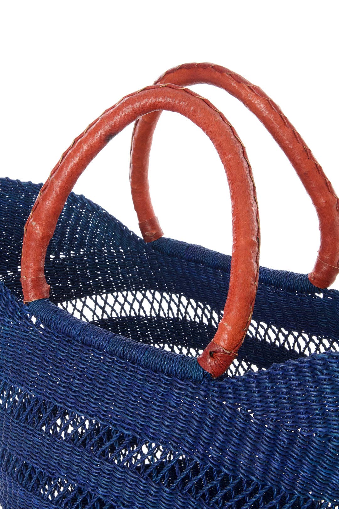 Navy Blue Ghanaian Lacework Wing Shopper with Leather Handle