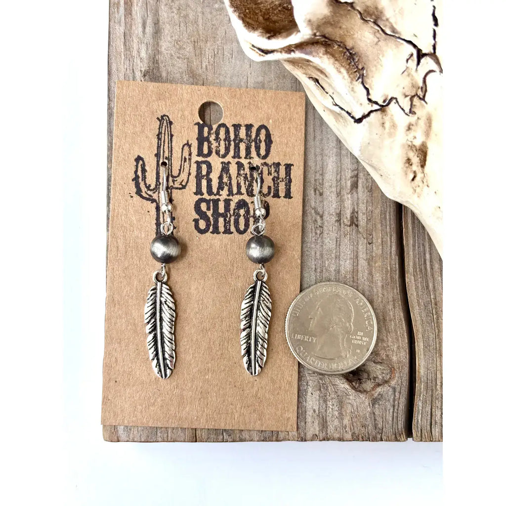 Western Style Navajo Pearl Bead Feather Drop Earrings
