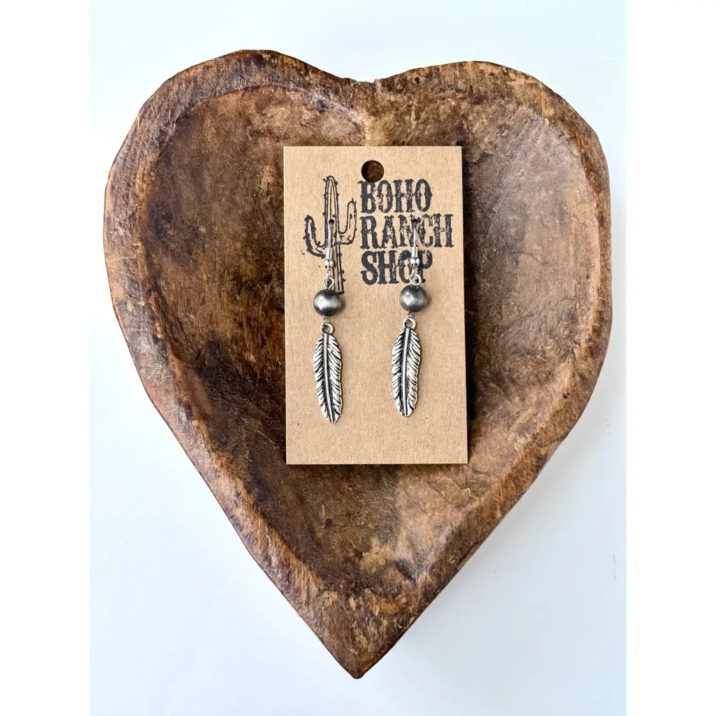 Western Style Navajo Pearl Bead Feather Drop Earrings