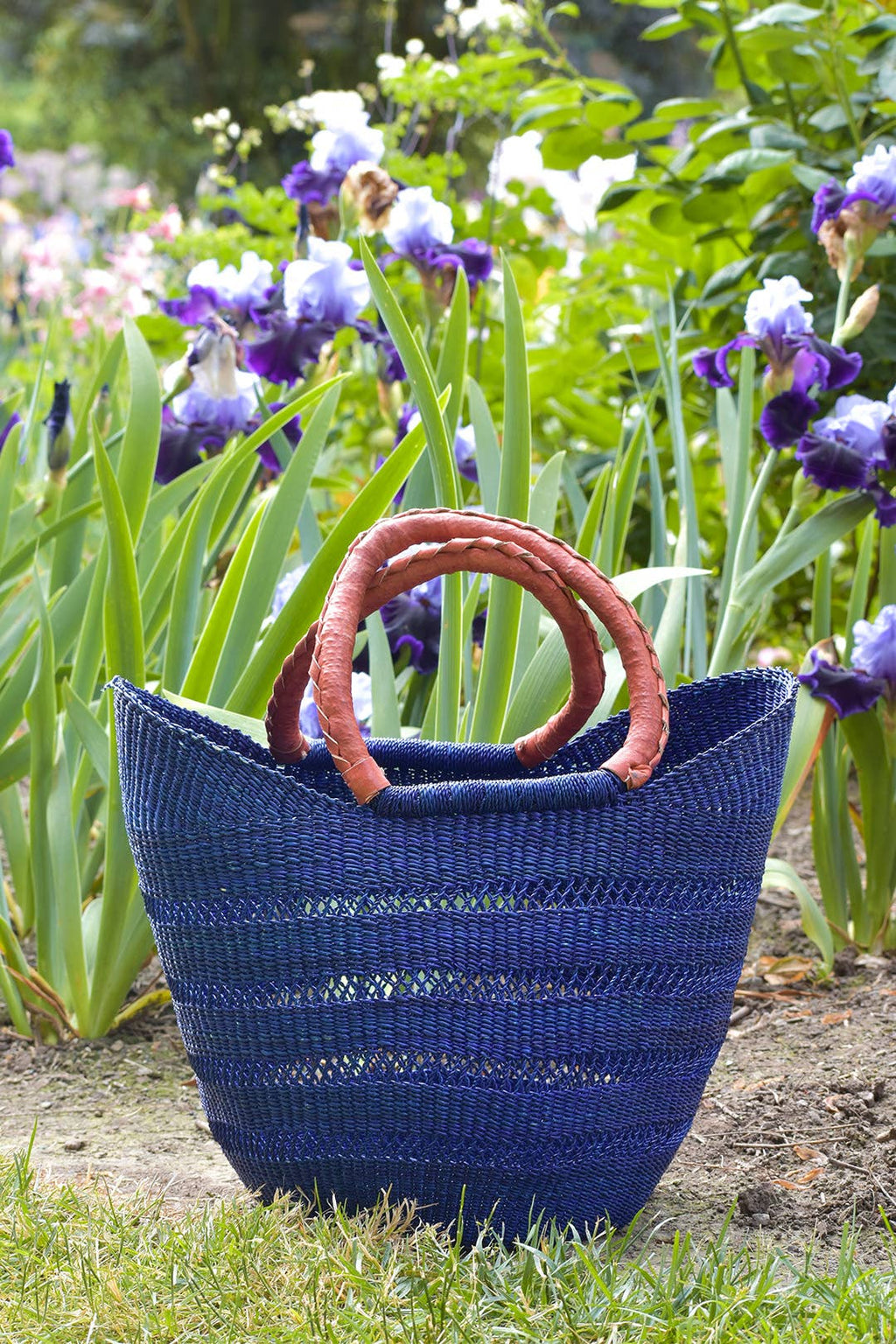 Navy Blue Ghanaian Lacework Wing Shopper with Leather Handle
