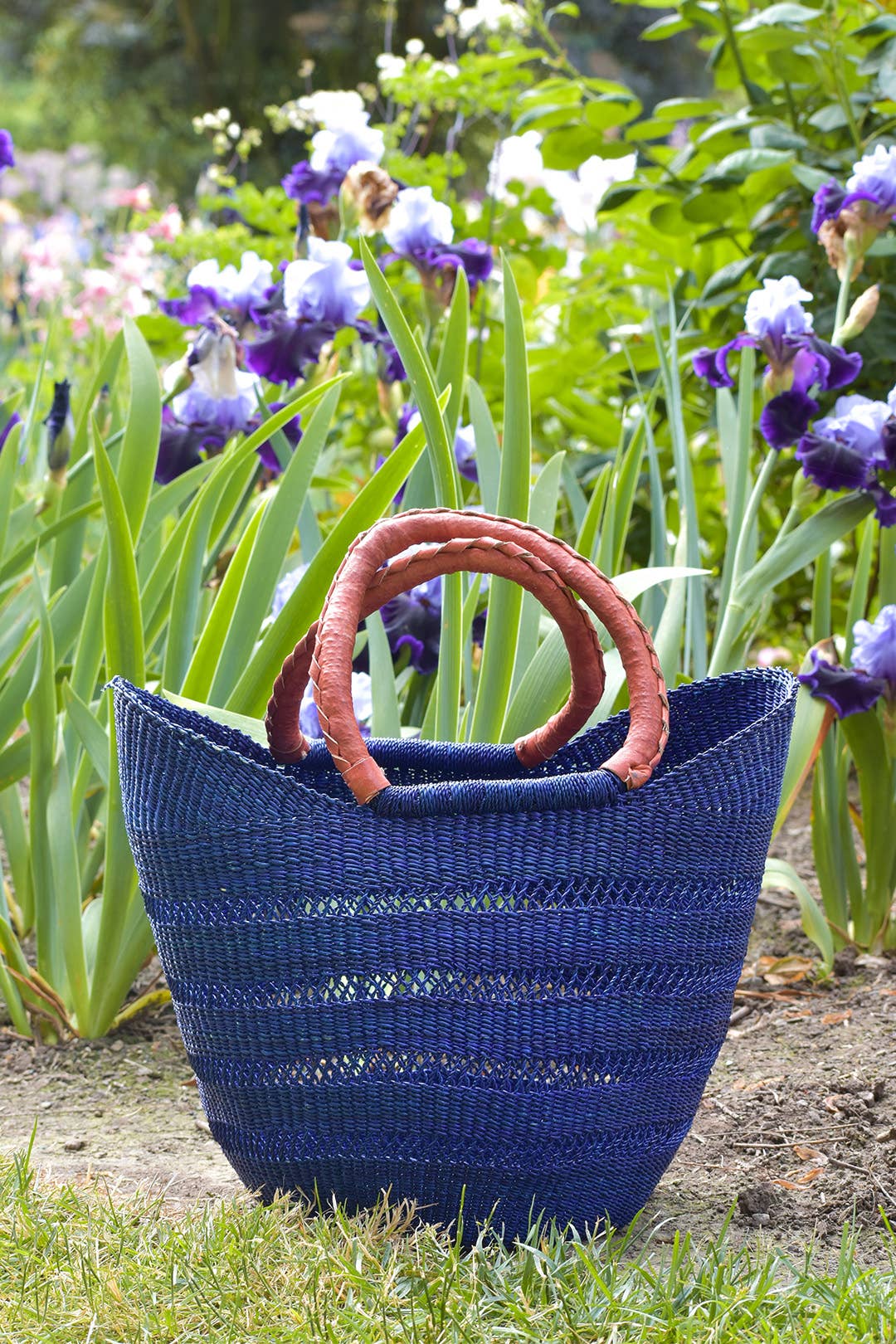 Navy Blue Ghanaian Lacework Wing Shopper with Leather Handle