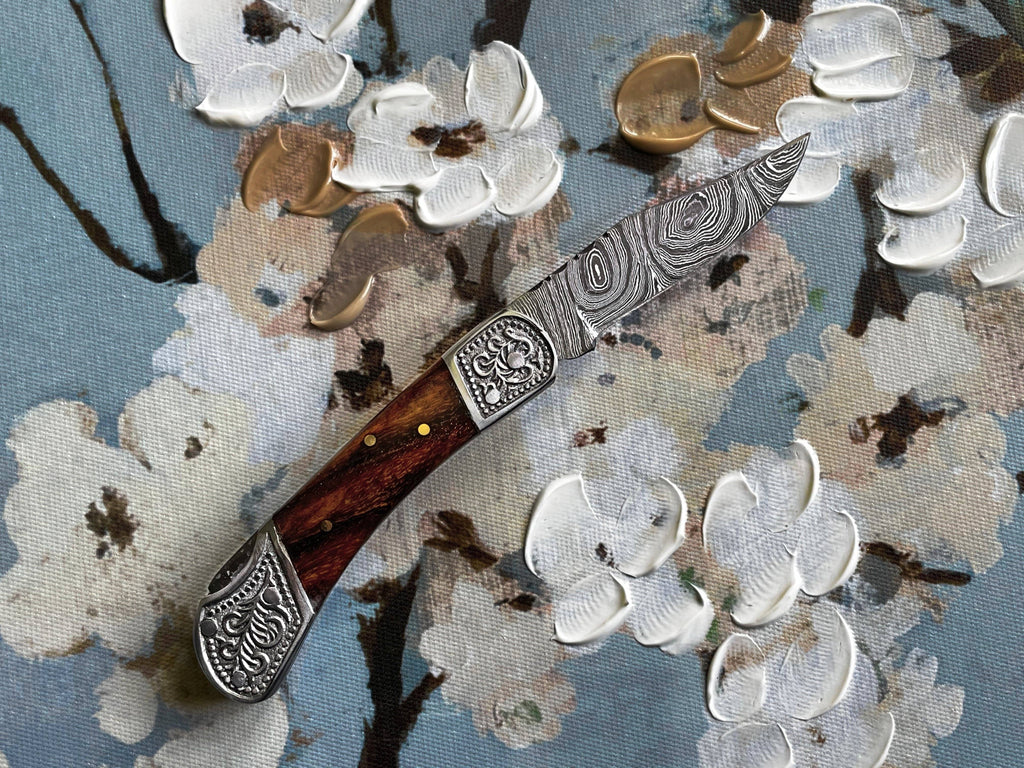 POCKET KNIFE WALNUT WOOD 6.5'' DAMASCUS STEEL KNIFE STEEL BO