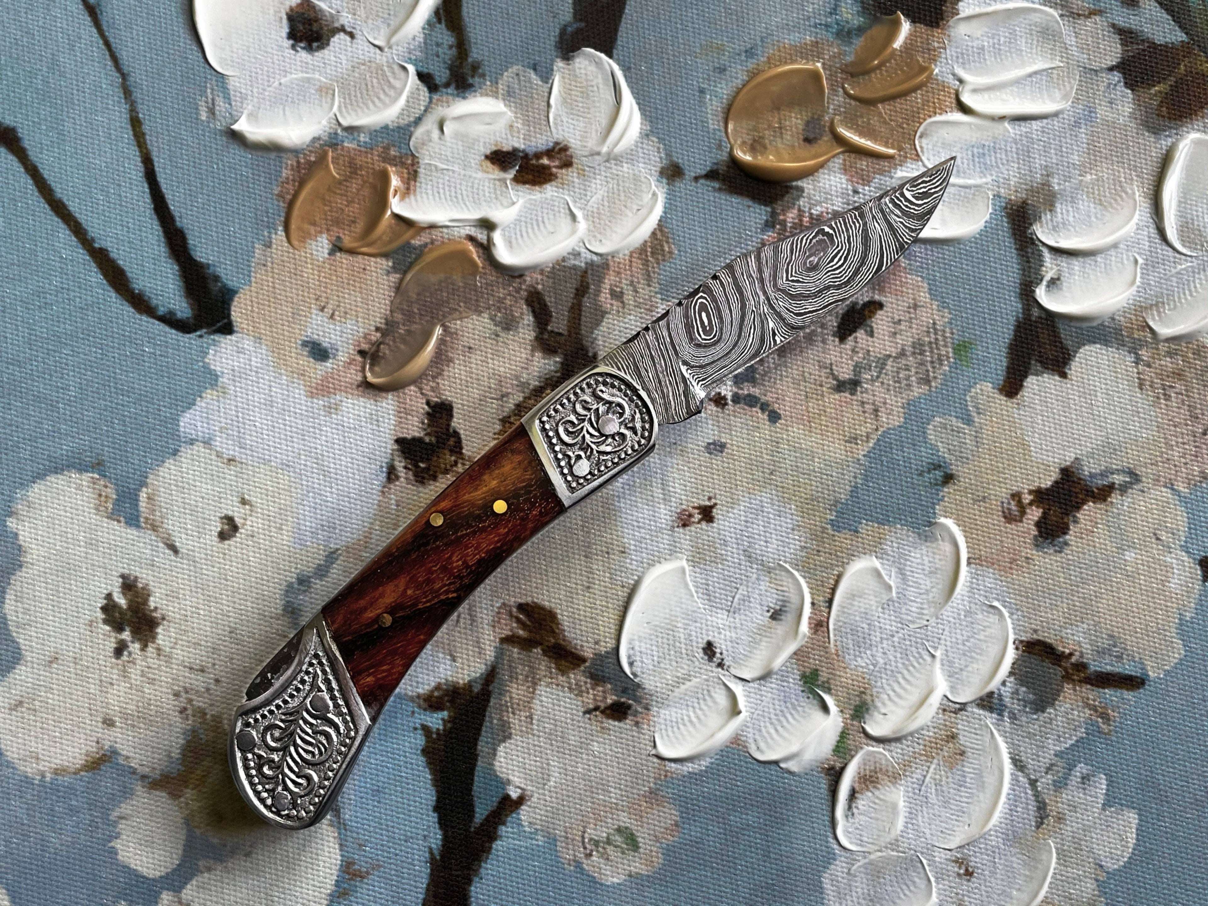 POCKET KNIFE WALNUT WOOD 6.5'' DAMASCUS STEEL KNIFE STEEL BO