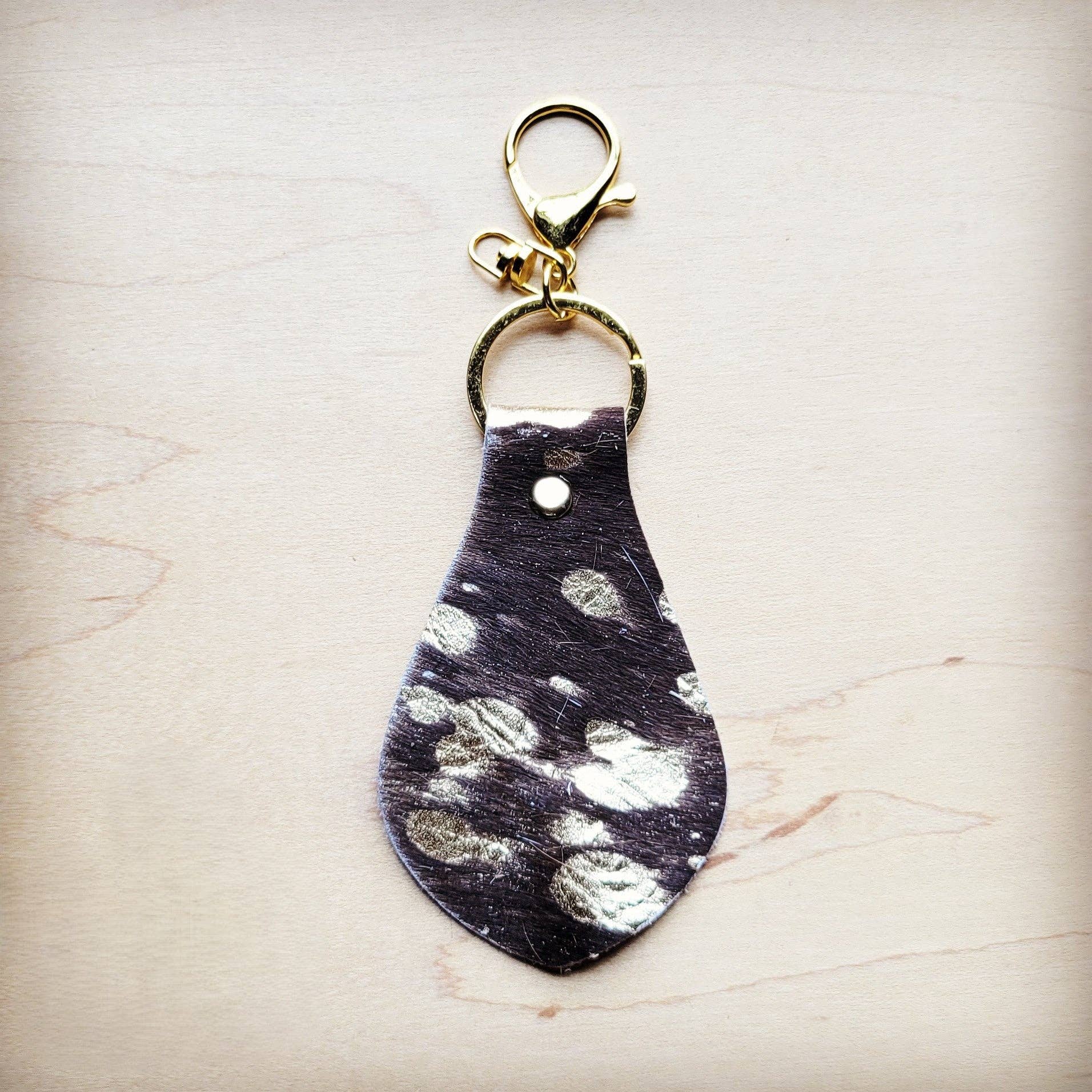 **Hair-on-Hide Leather Key Chain - Brown Metallic 703k