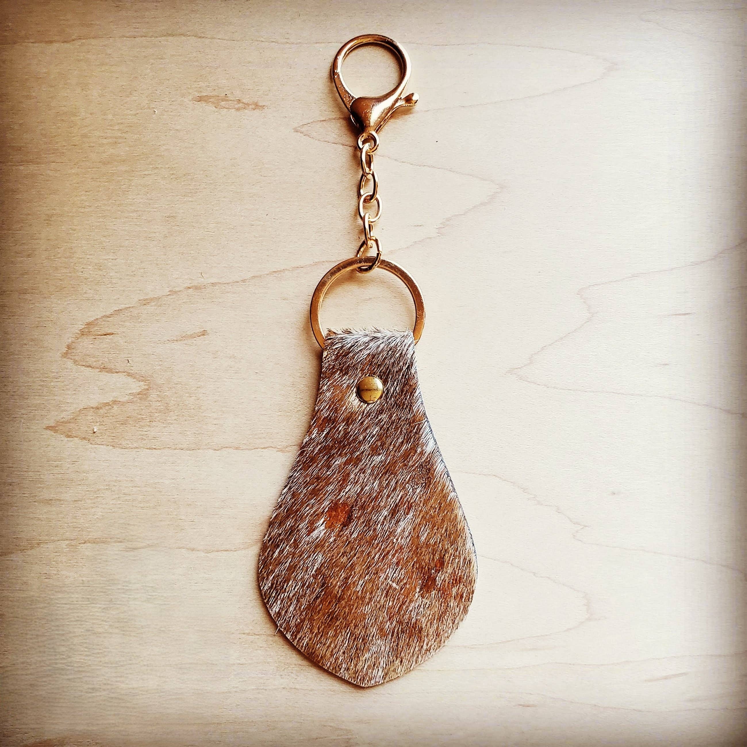 Boho Style Hair on Hide Leather Keychain - Tan and Gold