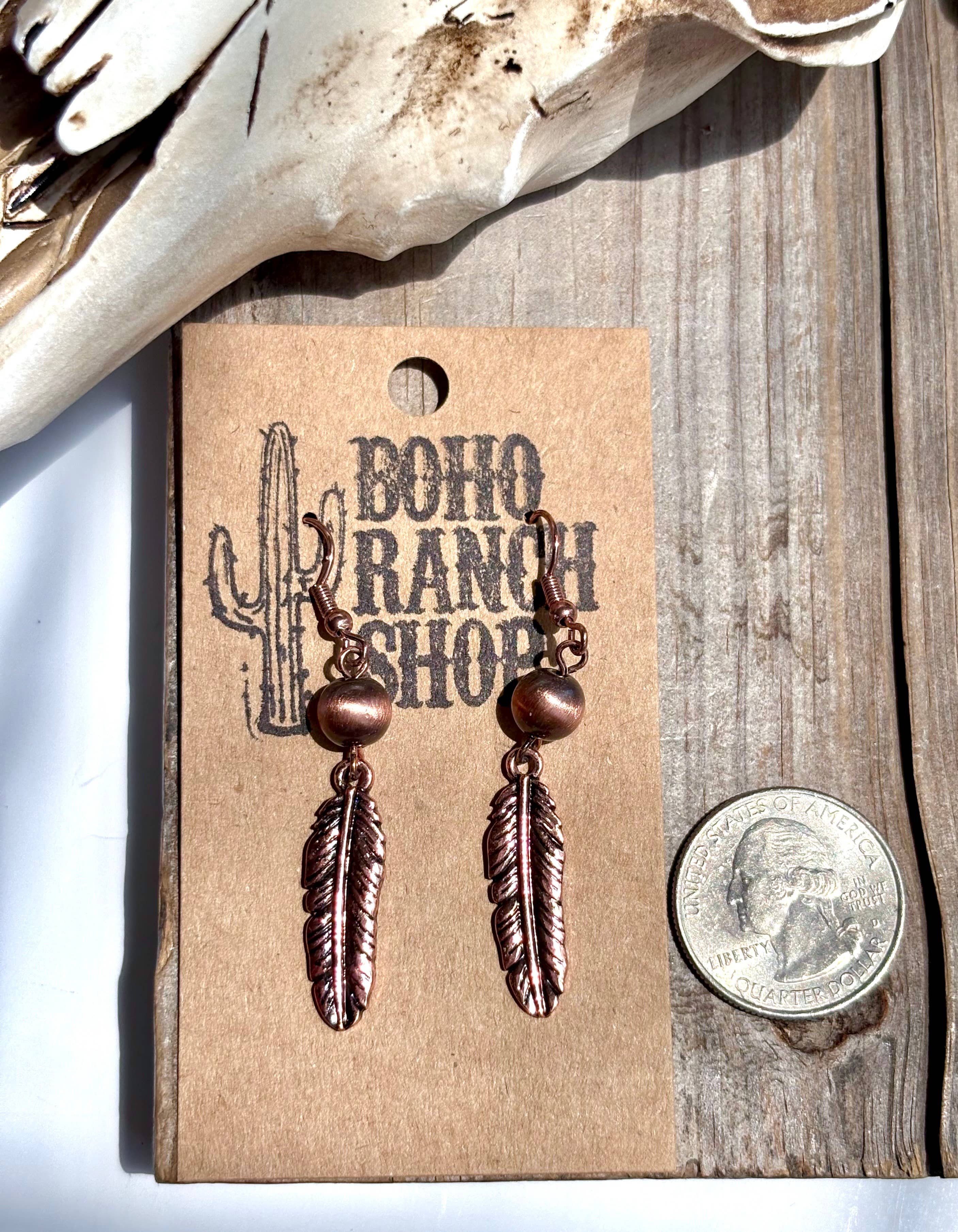 Western Style Navajo Pearl Bead Feather Drop Earrings