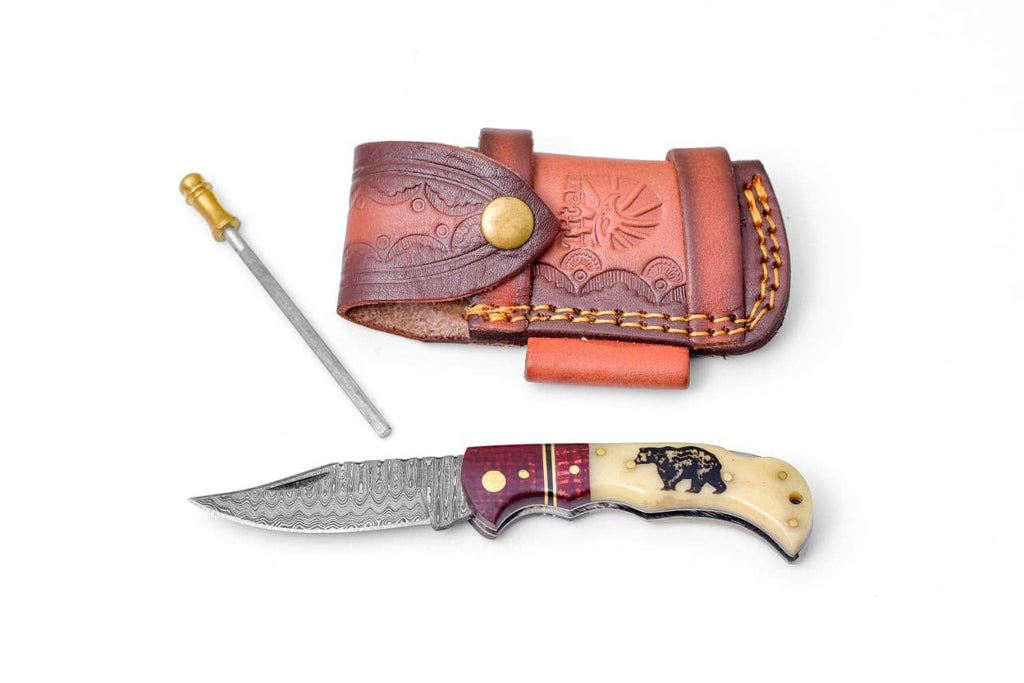 Bear Engraved Damascus Folding Knife with Leather Sheath