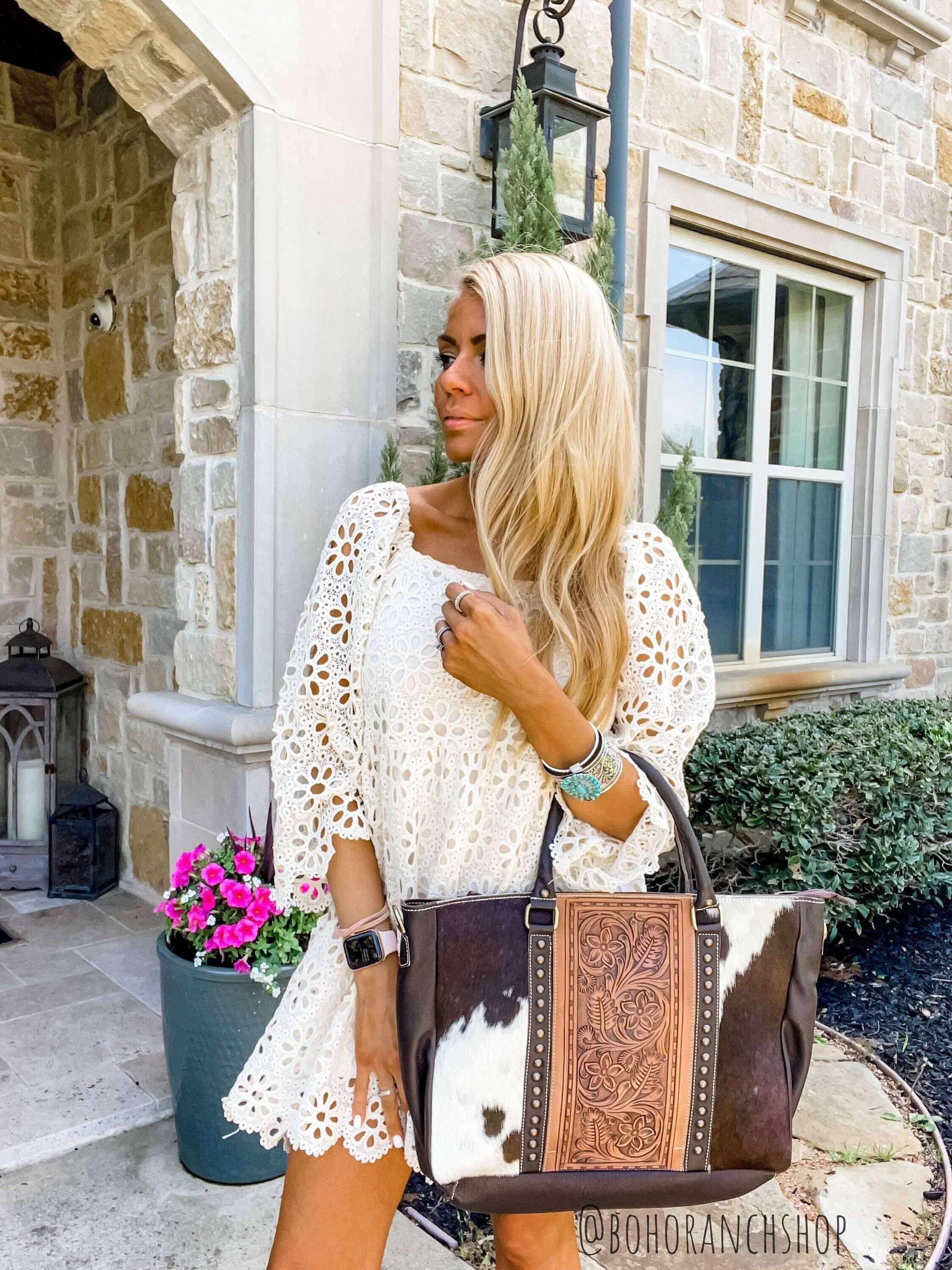 Hand Tooled Leather Cowhide Western Purse Tote Work Bag