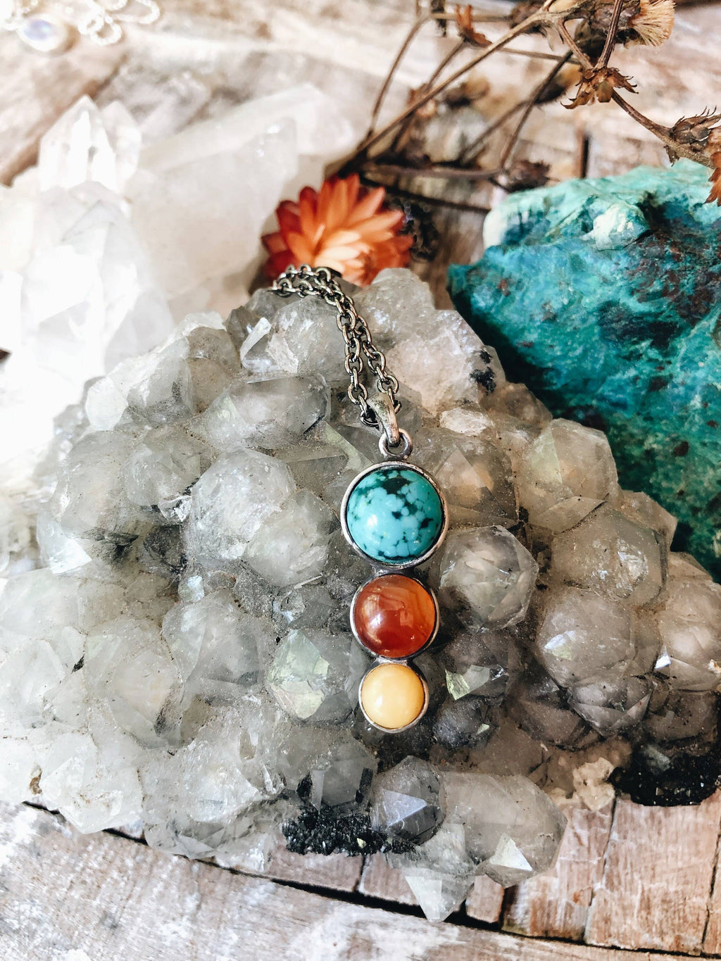 Turquoise Labradorite Crystal Silver Pendant Necklace