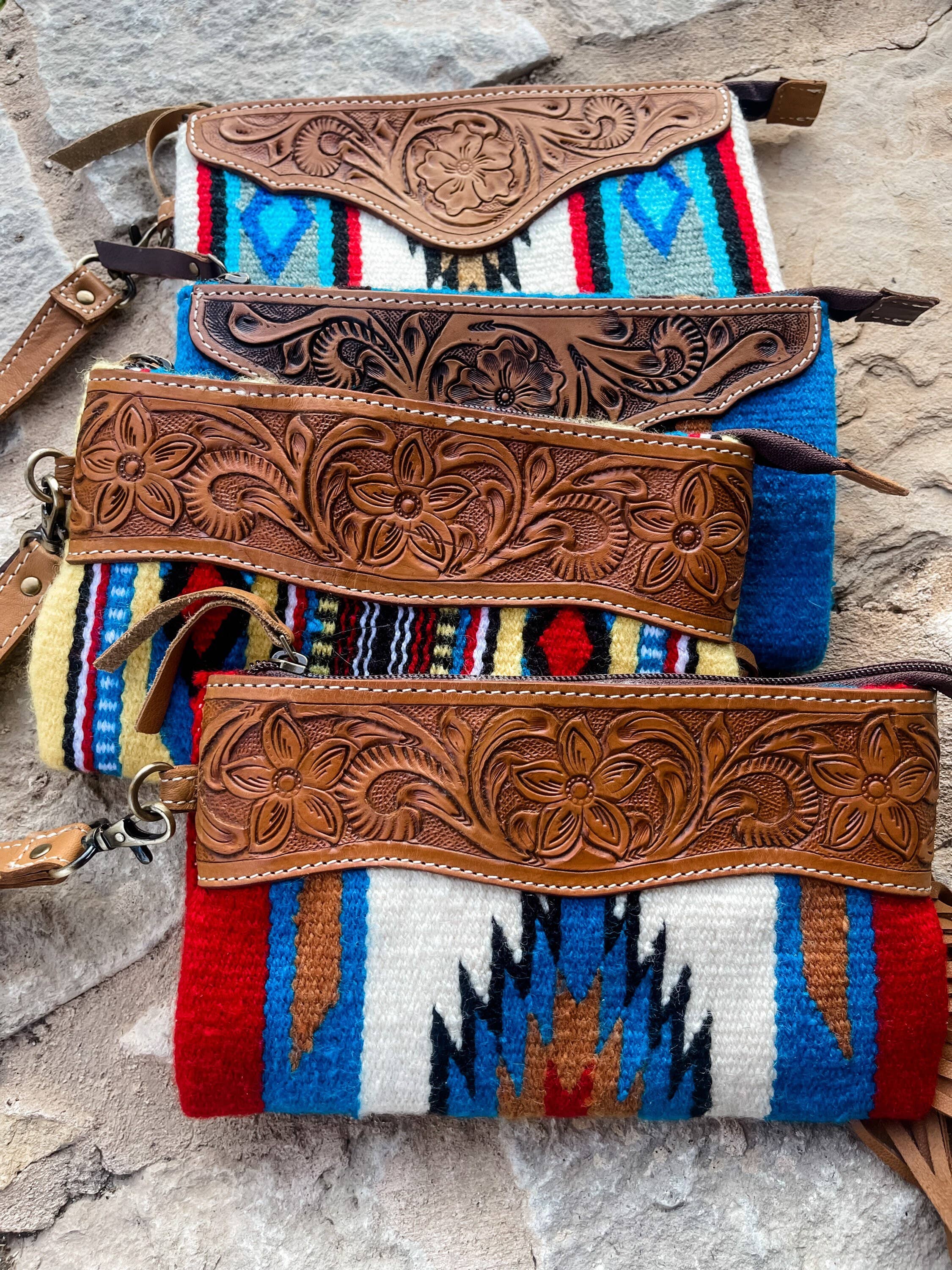Western Aztec Fabric Tooled Leather Wristlet Purse Bag