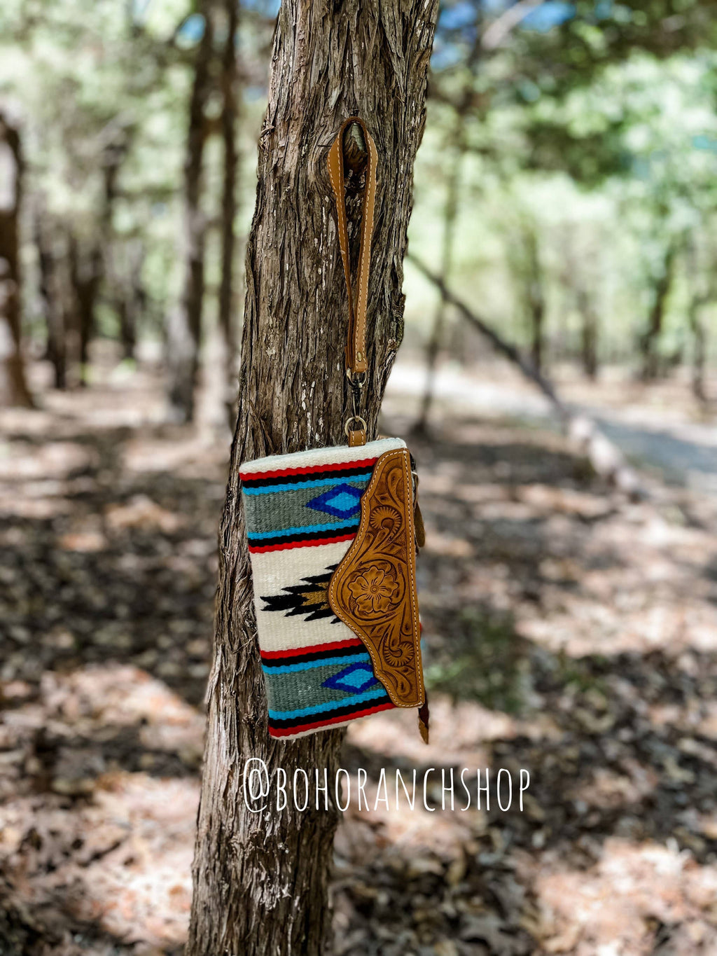 Western Aztec Fabric Tooled Leather Wristlet Purse Bag