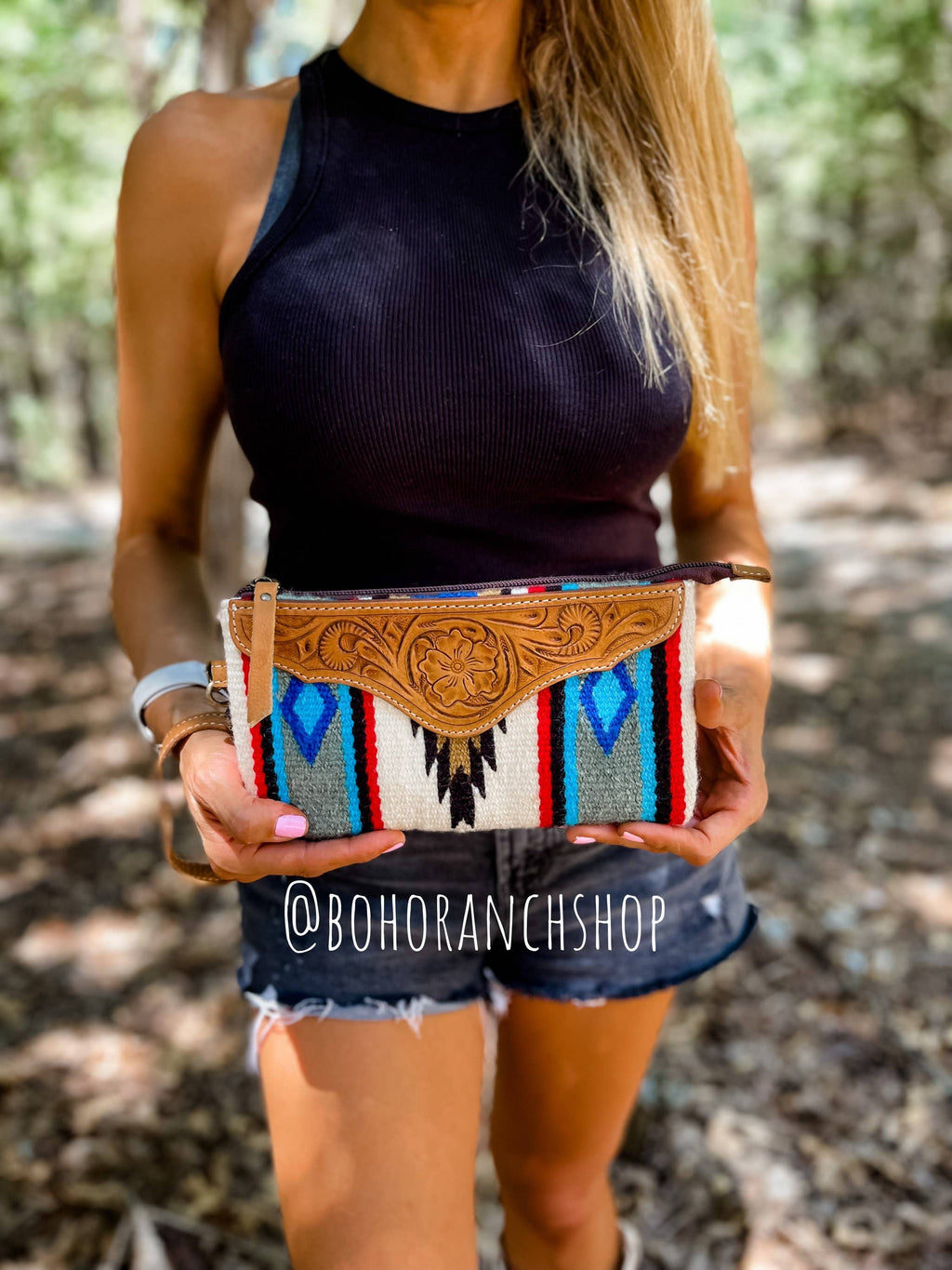Western Aztec Fabric Tooled Leather Wristlet Purse Bag