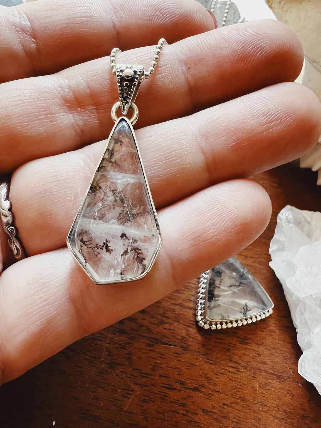 Dendritic Natural Moss Agate Crystal Quartz Pendant Necklace