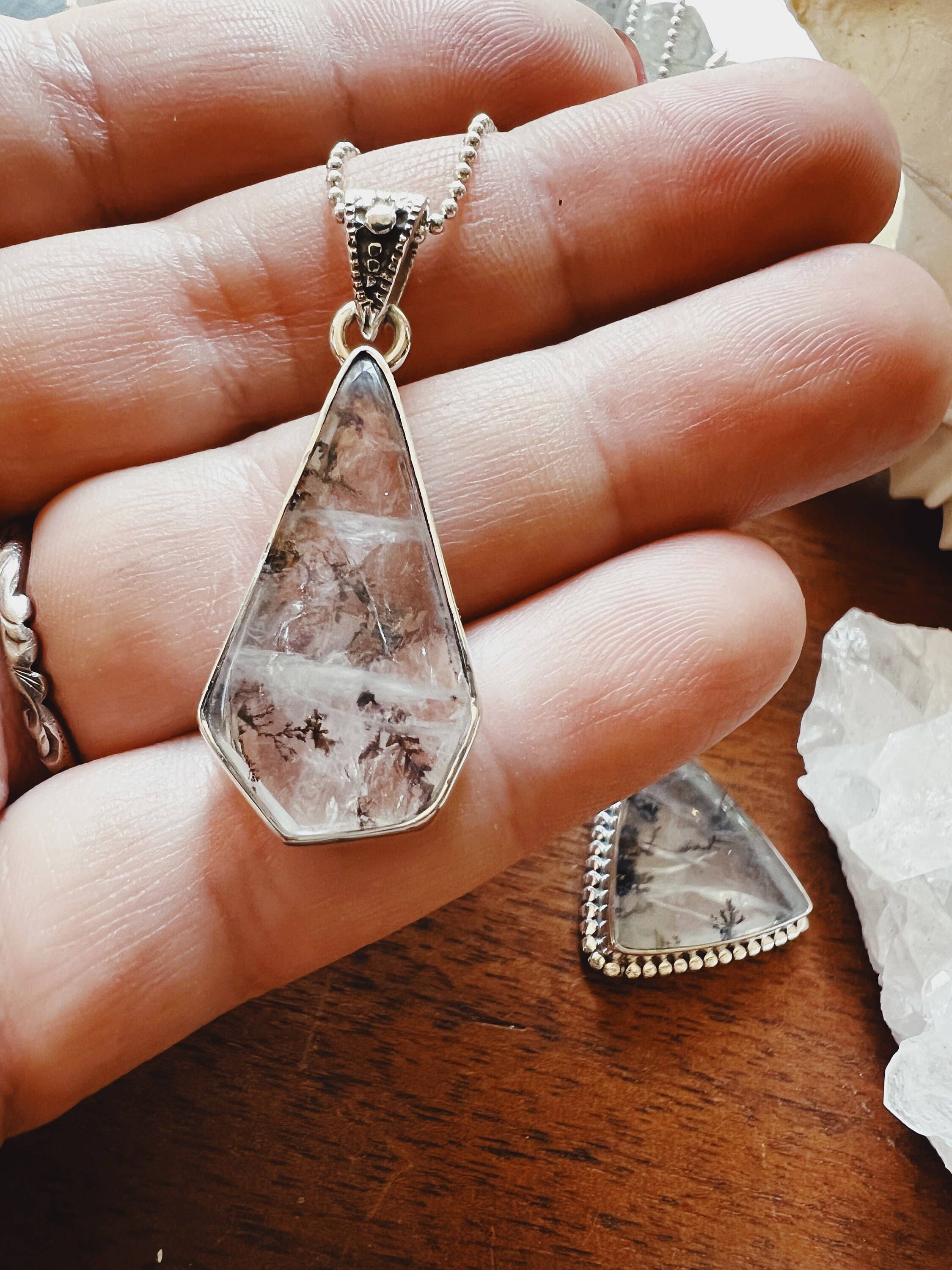 Dendritic Natural Moss Agate Crystal Quartz Pendant Necklace