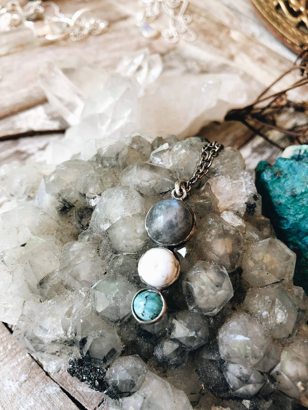 Turquoise Labradorite Crystal Silver Pendant Necklace