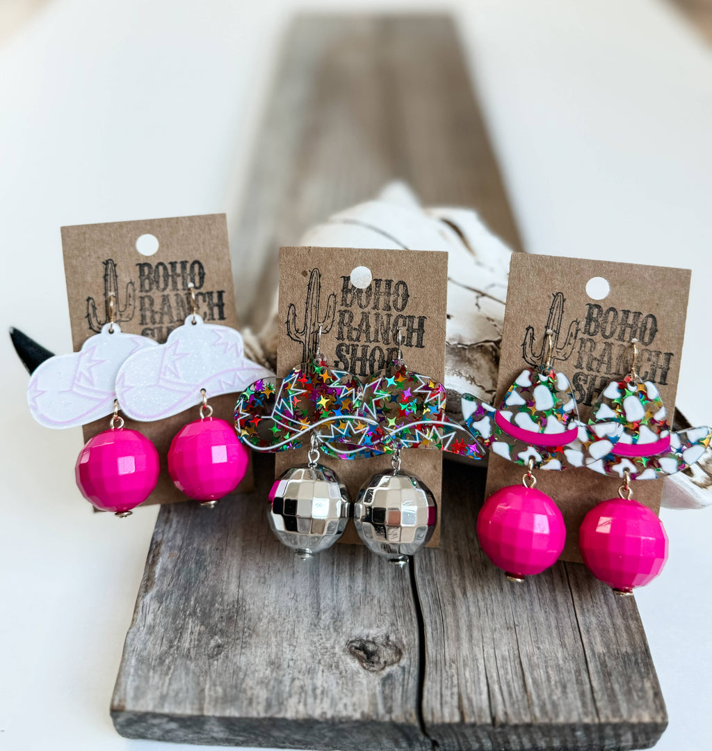 WESTERN HAT DISCO BALL Dangle Earrings