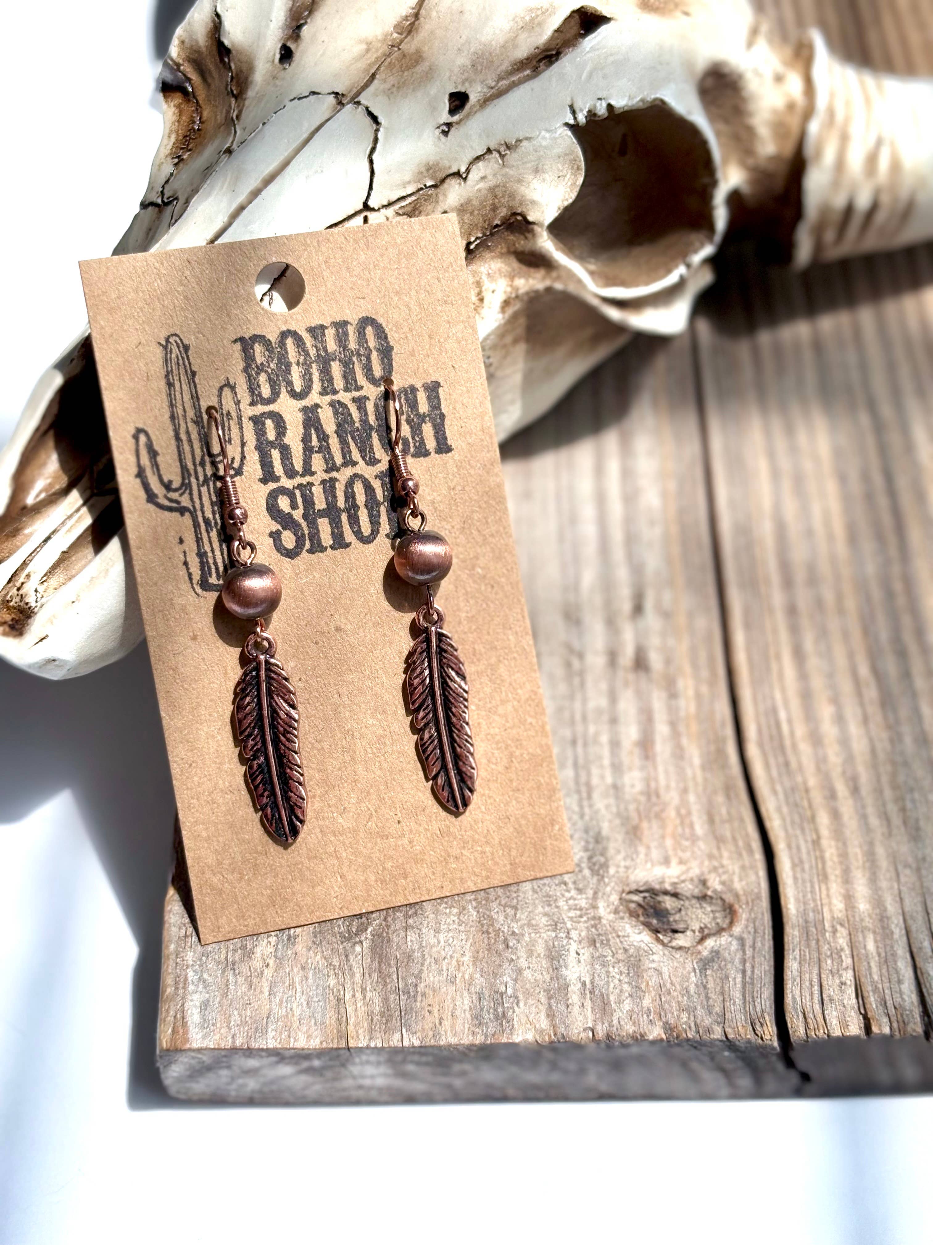 Western Style Navajo Pearl Bead Feather Drop Earrings