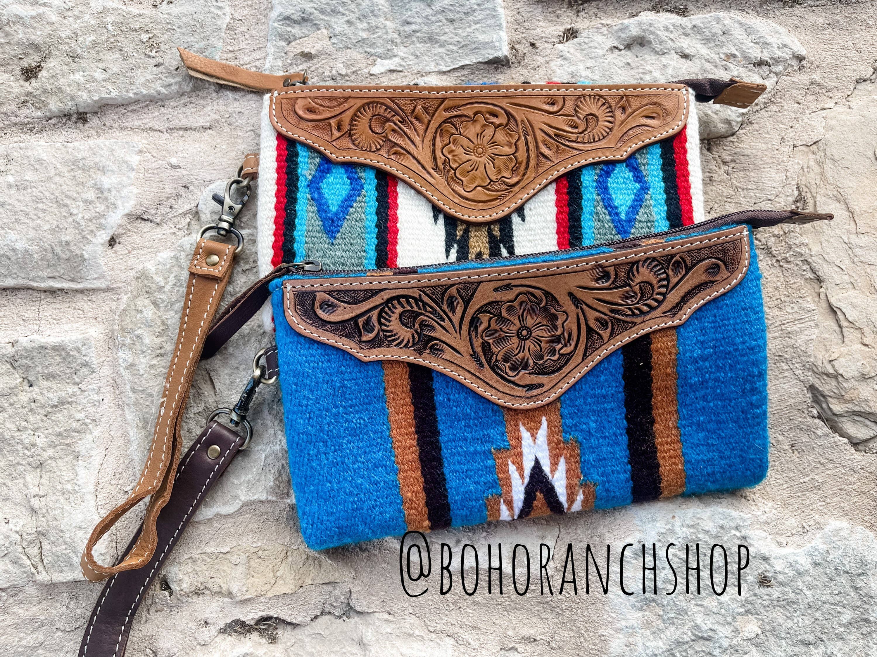 Western Aztec Fabric Tooled Leather Wristlet Purse Bag