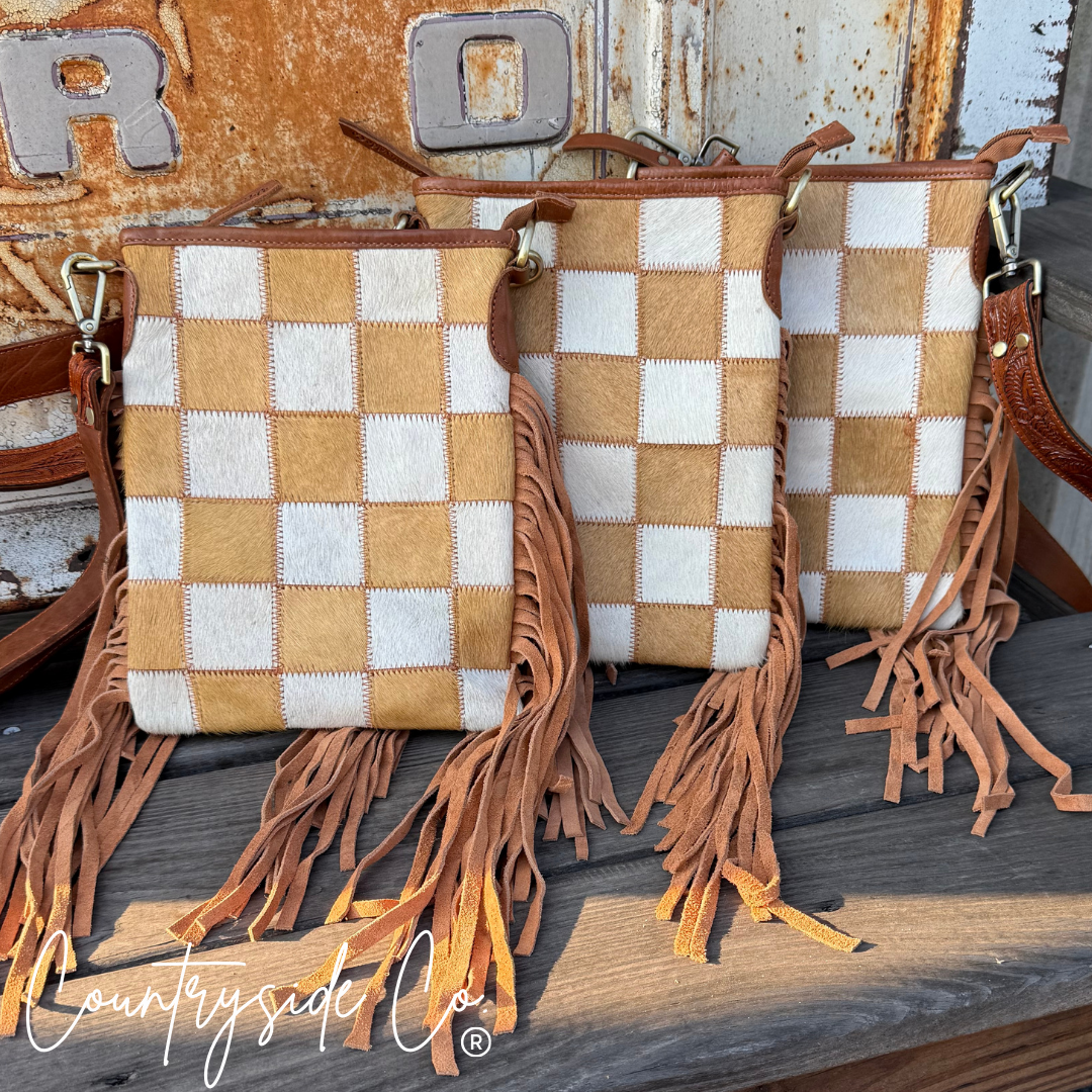 Stockdale Checkered Cowhide Fringe Purse, Brown & White